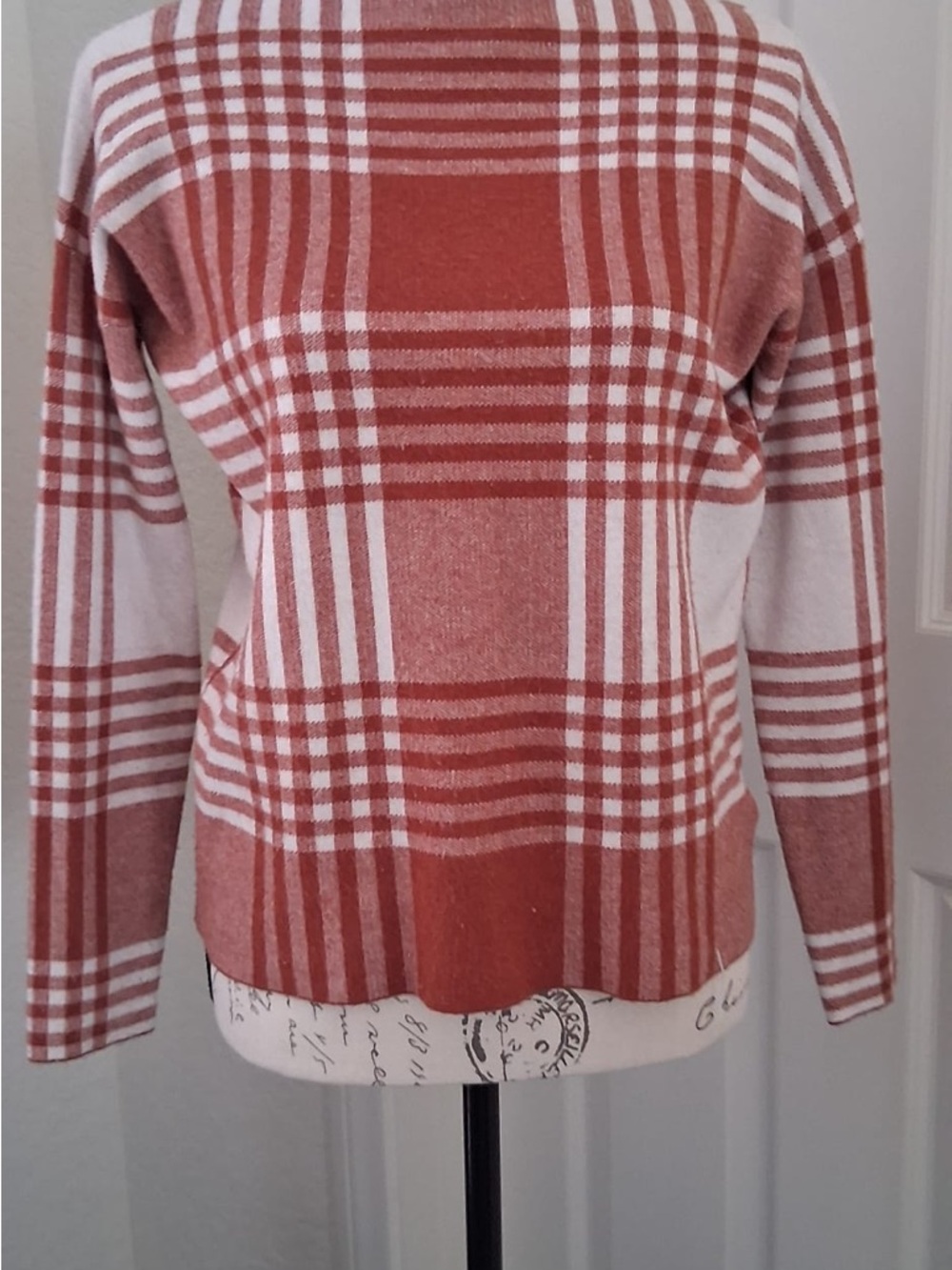 Max Studio Rust and White Plaid Crewneck Sweater